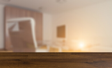 Open space office interior with like conference room. Mockup. 3D. Background with empty wooden table. Flooring.