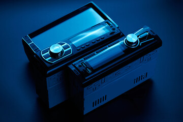Black car radio tape recorder close-up on black background, audio system, control panel