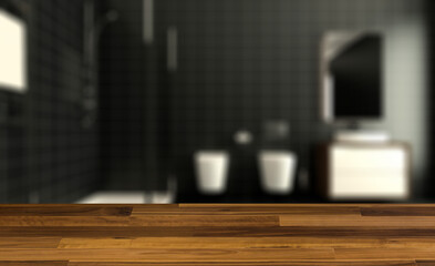 Bathroom interior bathtub. 3D rendering.. Background with empty wooden table. Flooring.