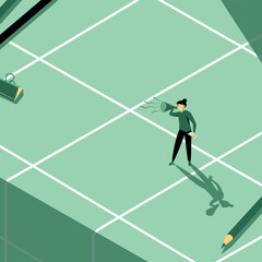 Tiny person on gigantic table with checkered cloth, disclosing something to other people. Post for the promotion of prizes and sweepstakes in vector, 2d minimalist style.