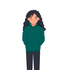 Young girl in modern green hoody standing and smiling isolated on the white background. Vector illustration