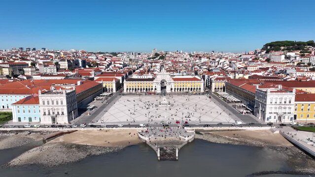 Commerce Square in Lisbon, Portugal. Palace Yard, Royal Palace of Ribeira. Drone Point of View. 4k