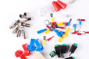 Different electrical tools isolated on white background, electrician equipment, wires, terminals, connectors, fuses, switches