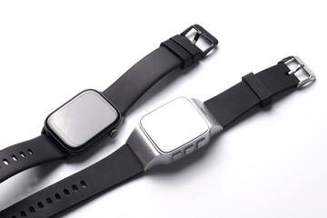 Wireless electronic smart watch with Touch Screen close-up isolated on white background. Bluetooth Bracelet, black band fitness tracker