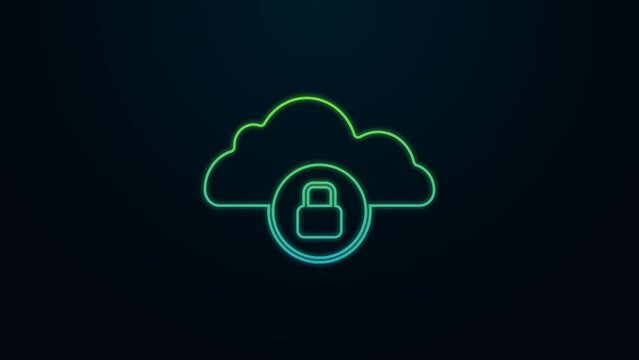 Glowing neon line Cloud computing lock icon isolated on black background. Security, safety, protection concept. Protection of personal data. 4K Video motion graphic animation