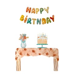 Happy birthday table flower vase title watercolor 