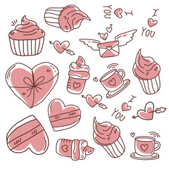 set of valentines day doodle style sticker decoration for happy valentines day