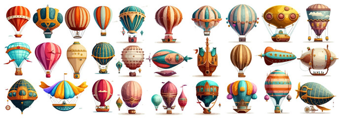 Fototapeta Vintage Hot Air Balloons. colorful flying vintage airships. Sky vehicle for adventure, traveling activity isolated white background  obraz