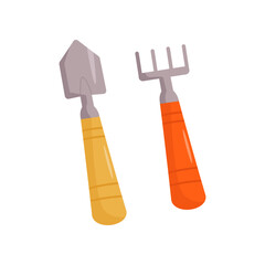 Gardening trowel and fork vector illustration. Farm tools isolated on white background. Gardening, farming concept