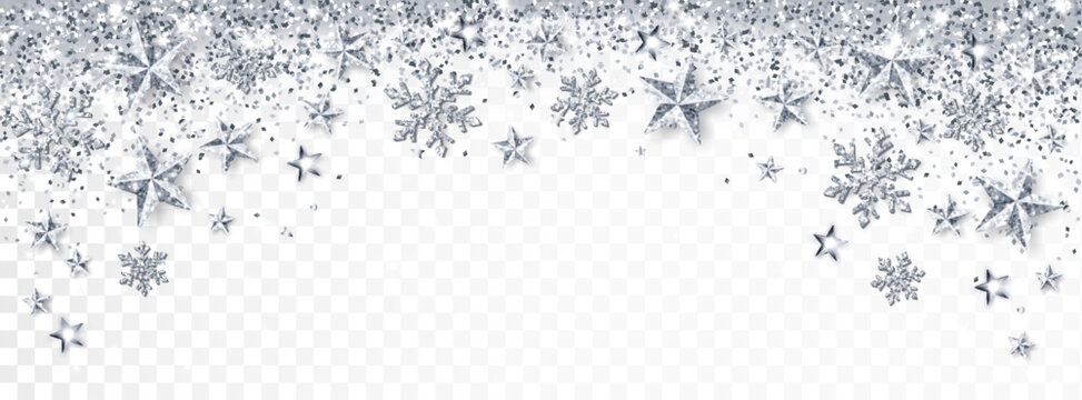 Holiday sparkling silver decoration. Falling glitter dust, stars and snowflakes. Christmas border.