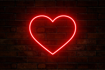 Neon heart with a glow on the background of a dark brick wall. Neon sign. - obrazy, fototapety, plakaty