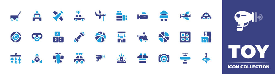 Fototapeta na wymiar Toy icon collection. Bold icon. Duotone color. Vector illustration. Containing trailer, blocks, airplane, car, plane, submarine, ball, baby, abc, animals, scratching post, mouse, crib, and more.
