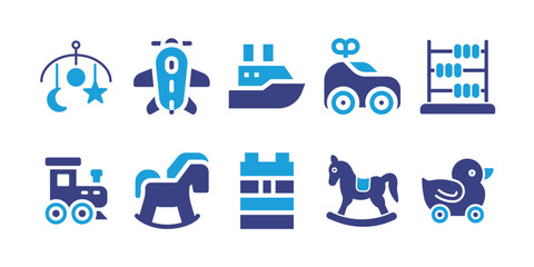 Toy icon set. Bold icon. Duotone color. Vector illustration. Containing crib toy, plane, boat, car, abacus toy, toy train, horse toy, toy block, duck.