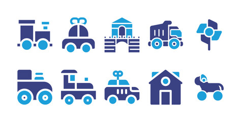 Toy icon set. Bold icon. Duotone color. Vector illustration. Containing toy train, toy car, toy castle, toy truck, windmill, toy house, dog.