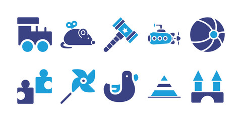 Toy icon set. Bold icon. Duotone color. Vector illustration. Containing train, mouse, hammer, submarine, ball, puzzle, pinwheel, duck, pyramid, building block.