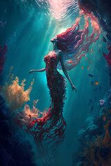 Ethereal mermaid swimming underneath the Turqoise sea. Generative AI, this image is not based on any original image, character or person. © cfhdesign