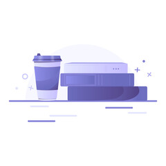 Paper coffee cup with books. Takeaway coffee, coffee to go, coffee shop, good morning and education concept	