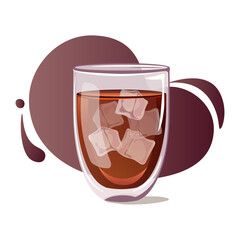 Ice tea. Glass cup with double bottom with cold black tea on dark gradient background. Tea party, cafe, healthy food,  refreshing drink, cold drink concept