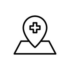 Obraz premium Hospital plus sign with map icon. line icon style. suitable for hospital location icon. icon related to healthcare and medical. Simple vector design editable. Pixel perfect at 64 x 64