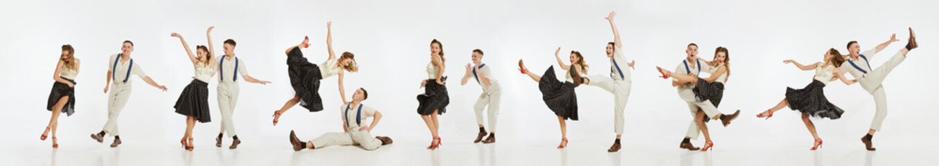 Collage. Young people, man and woman in stylish retro clothes dancing swing isolated over grey...