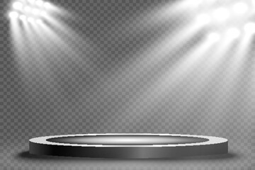Podium, pedestal or platform, illuminated by spotlights in the background. Vector illustration. Bright light. Light from above. Advertising place	
