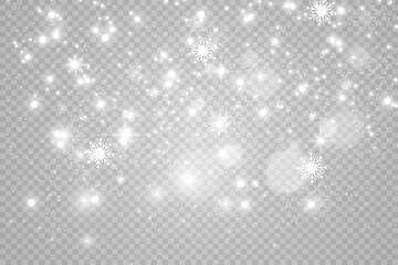 	
Snowfall. A lot of snow on a transparent background. Christmas winter background. Snowflakes falling from the sky.