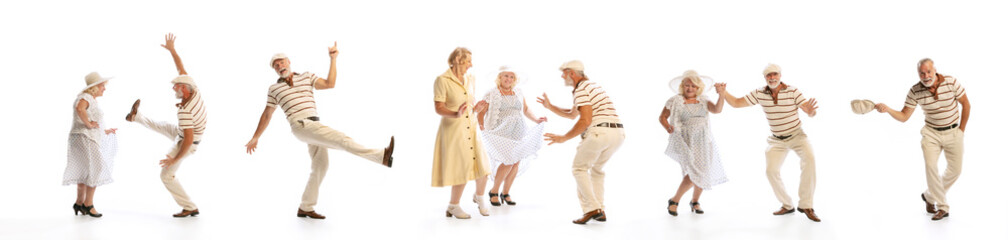 Collage. Stylish senior people, man and women in vintage clothes dancing swing isolated over white...