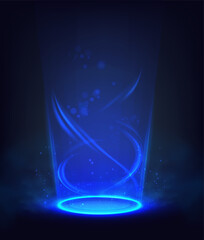 Vector sci-fi illustration. Tech background. Spiral glowing blue portal, hologram effect. - obrazy, fototapety, plakaty