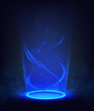 Vector sci-fi illustration. Tech background. Spiral glowing blue portal, hologram effect.