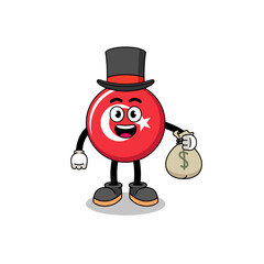 turkey flag mascot illustration rich man holding a money sack