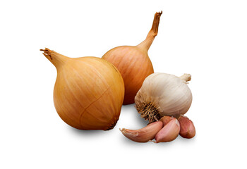 Fresh vegetables, two onions and garlic.
