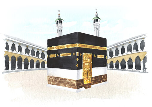 Kaaba and minarets  of Grand Mosque of Mecca in Saudi Arabia . Hand drawn watercolor illustration, isolated on white  background