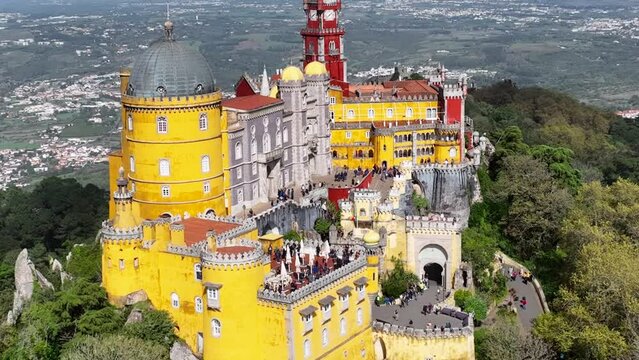 Palace of Pena in Sintra. Lisbon, Portugal. Part of cultural site of Sintra City. Drone Point of View. 4k