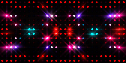 Shining lights party leds on black background. Digital illustration of stage or stadium spotlights. Glowing pattern wallpaper. Glamour background of colorful lights with spotlights.