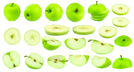 set of green apple, cut apples in different parts isolated from background