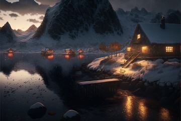 Christmas in Norway with Lofoten Archipelago behind in Winter Night with Houses and Nature Reflecting in a Lake