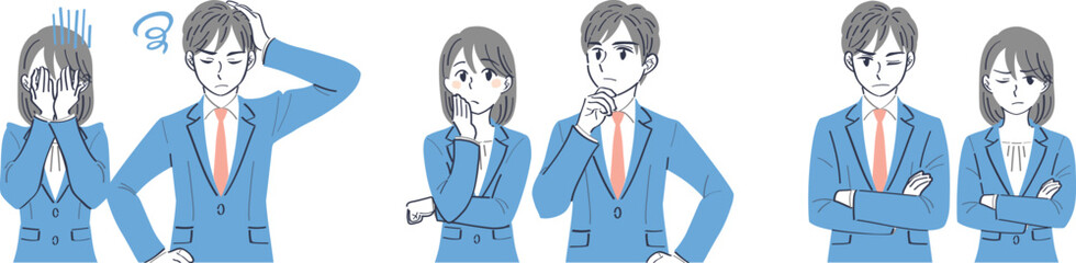 ビジネススーツの男女　表情ポーズの上半身イラストセット（落胆　考える　悩む）