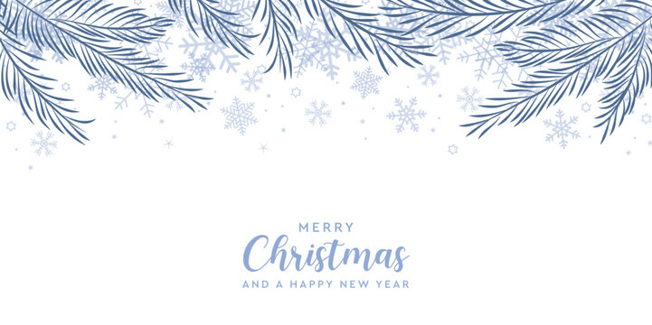 christmas winter background landscape fir branches border with snowfall