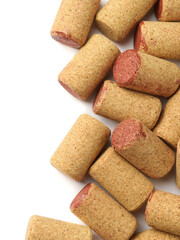 Wine bottle corks on white background, top view