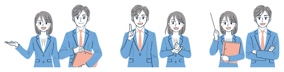 ビジネススーツの男女　表情ポーズの上半身イラストセット（案内　説明　解説）