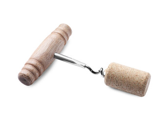 Corkscrew and wine bottle stopper isolated on white