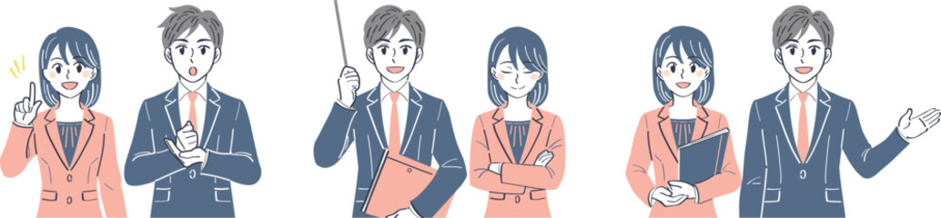 ビジネススーツの男女　表情ポーズの上半身イラストセット（説明　解説　案内）