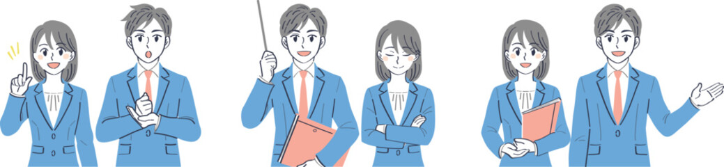 ビジネススーツの男女　表情ポーズの上半身イラストセット（説明　解説　案内）