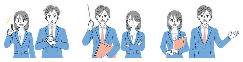 ビジネススーツの男女　表情ポーズの上半身イラストセット（説明　解説　案内）