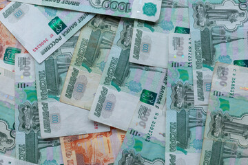 Russian money. Different denomination of bills. Close-up of Russian rubles. Finance concept. Money background and texture. Copy space.