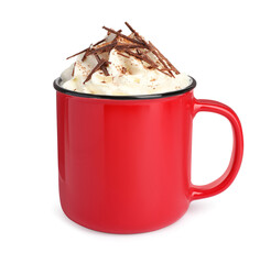 Glass cup of delicious hot chocolate with whipped cream on white background