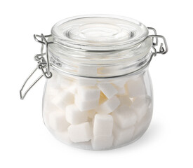 Glass jar of refined sugar cubes isolated on white