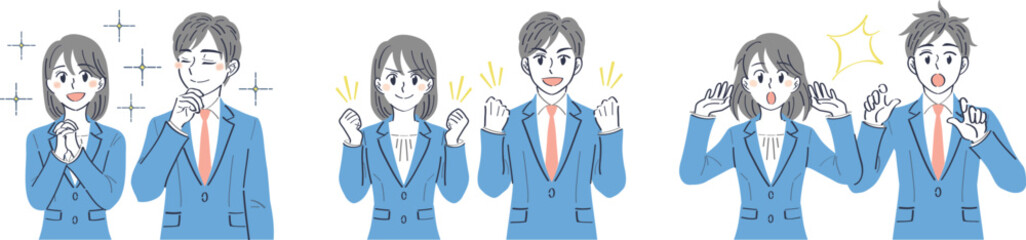 ビジネススーツの男女　表情ポーズの上半身イラストセット（憧れ　ガッツポーズ　驚き）