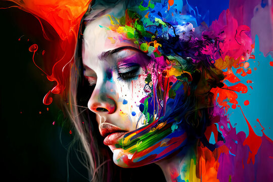 Abstract image of a woman with her colourful mind's energy imagined as paint on her face.  Generative AI, this image is not based on any original image, character or person.