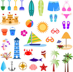Fototapeta na wymiar Isolated beach vector illustration of beach, sand, swimwear, palms, and water animals